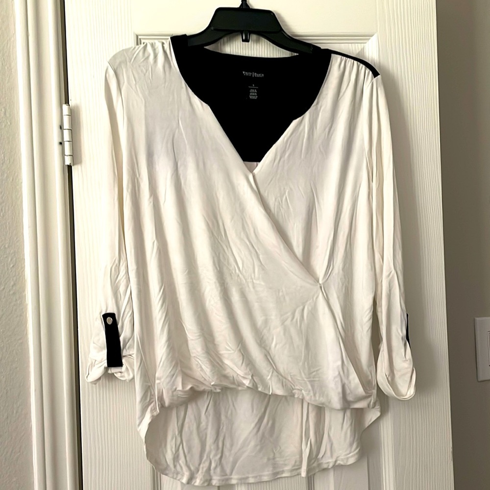 White 3/4 Sleeve Roll up Top with Black Collar and Back. V Neck Cross over.
